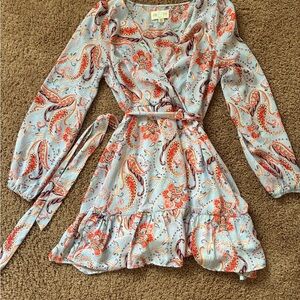 Chic Paisley Wrap Dress - Light Blue and Orange